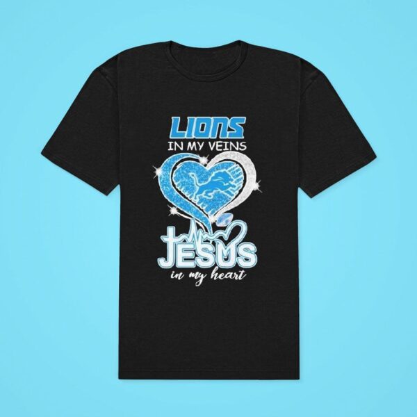 Detroit Lions In My Veins Jesus In My Heart Diamond Logo Classic Tshirt