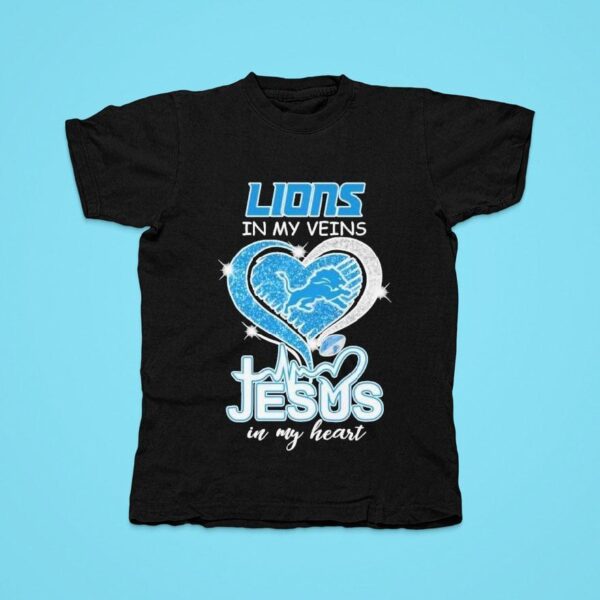 Detroit Lions In My Veins Jesus In My Heart Diamond Logo Tshirt