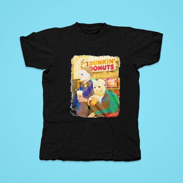 Michael Myers And Jason Voorhees Drinking Coffee Dunkin Donuts Tshirt